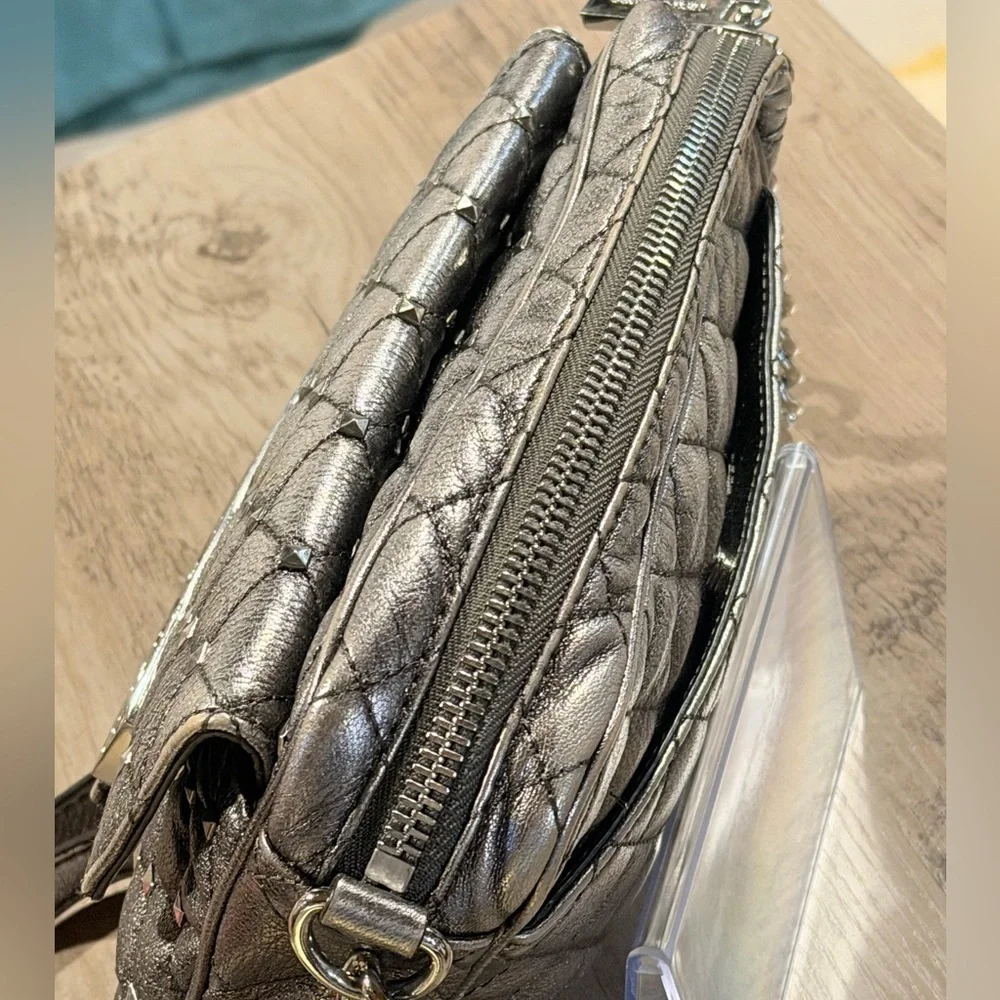 Michael Kors Kim Studded Quilted Gray Leather Messenger Crossbody Bag - Picture 13 of 13